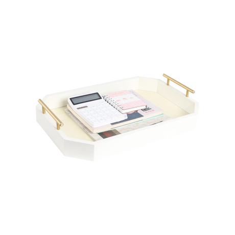 Vassoio da portata vintage in legno grigio con maniglie decorative in metallo in ottone per tavolino da caffè, colazione a letto e decorazioni per feste