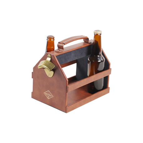 BOTTLE CADDY Drink Local Beer Caddy con manico e bottiglia in metallo, apribottiglie, 4 pezzi sottobicchiere, grande, marrone