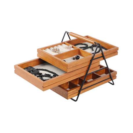 Umbra Terrace Tier Jewelry Tre vassoi scorrevoli in legno foderati in lino con struttura in metallo e maniglia, facile da riporre e accedere, noce, 3 ciascuno